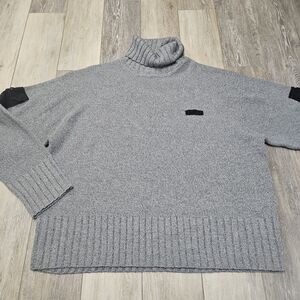 GSL Vintage Wool Blend Oversized Turtle Neck Sweater Grey Suede Pocket Women XXL